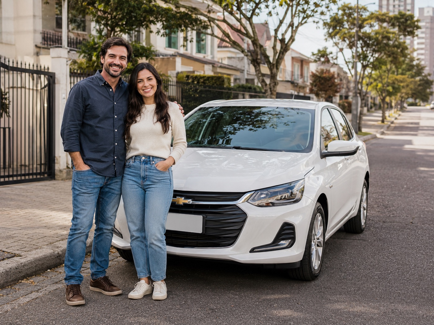 Casal sorrindo ao lado do seu Chevrolet Onix branco em rua residencial de Curitiba